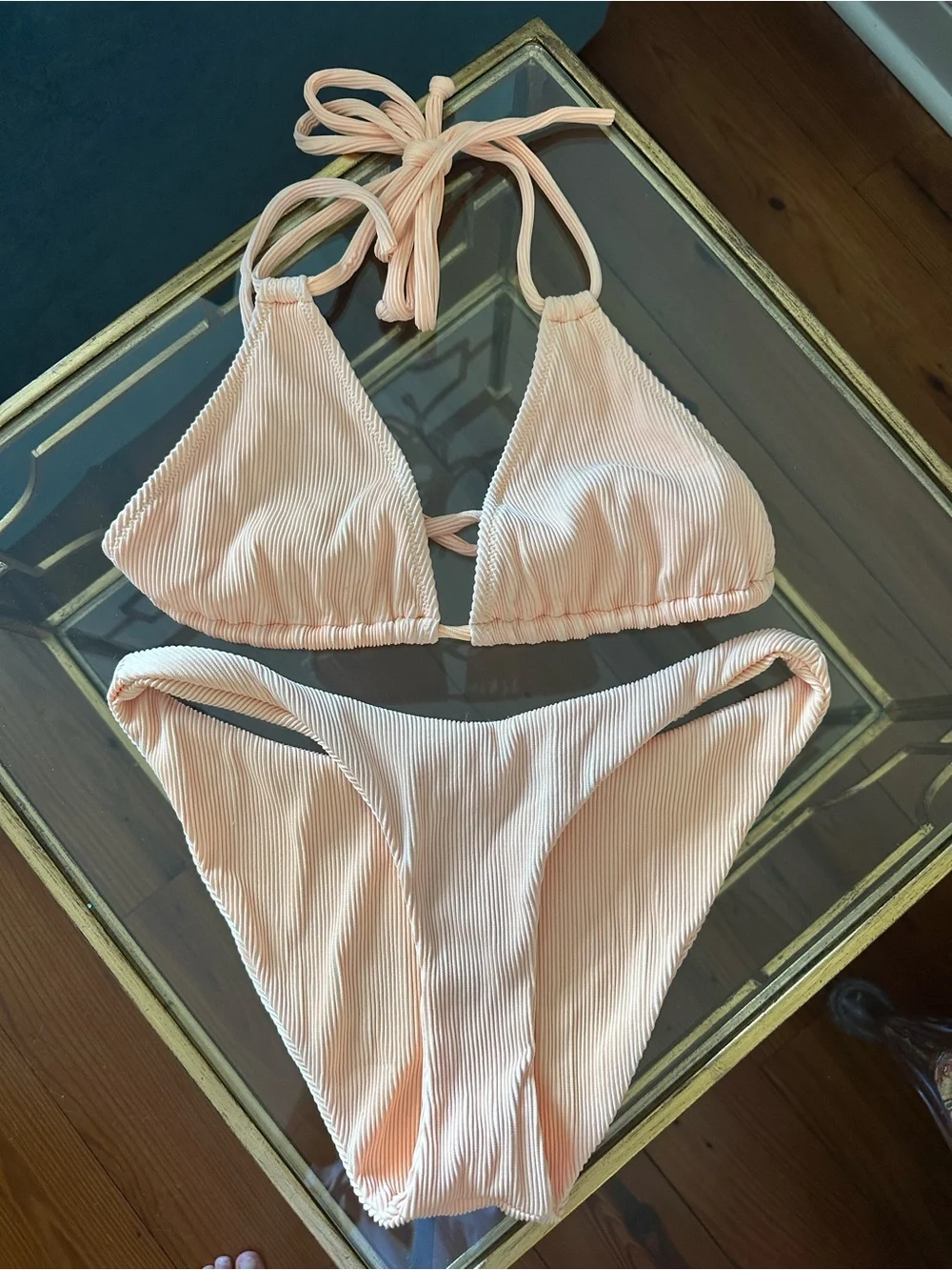 Peach Ribbed Triangle Bikini Set - Picture 2 of 5
